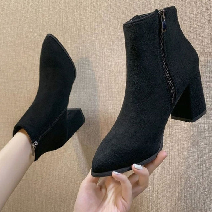 Dames Suède Ankle Boots Blokhak Rits Puntneus
