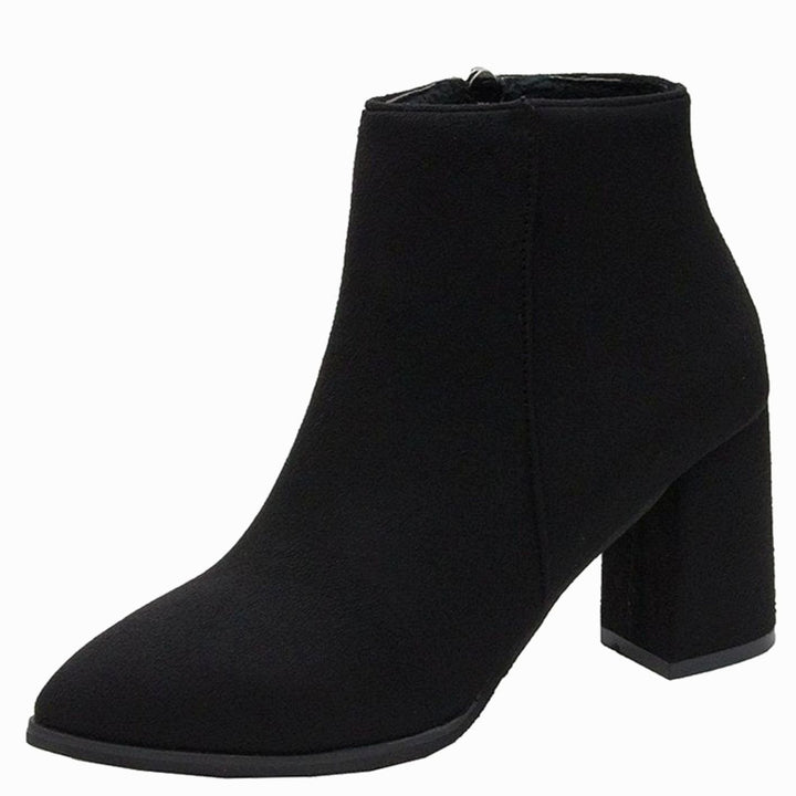Dames Suède Ankle Boots Blokhak Rits Puntneus - Zwart