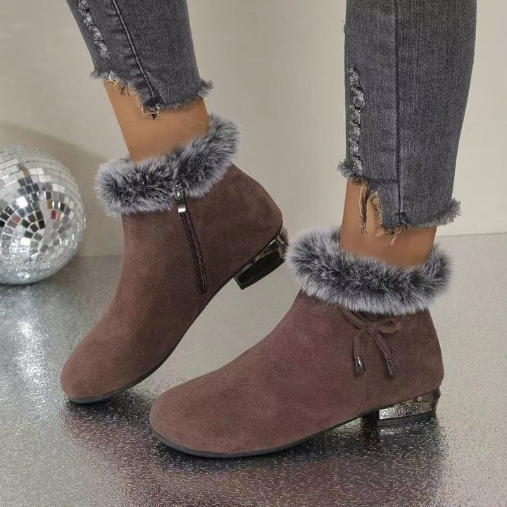 Dames Suède Ankle Boots Bontrand Blokhak Winterlaarzen - Bruin