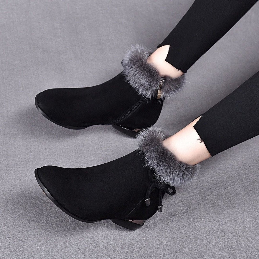Dames Suède Ankle Boots Bontrand Blokhak Winterlaarzen - Zwart