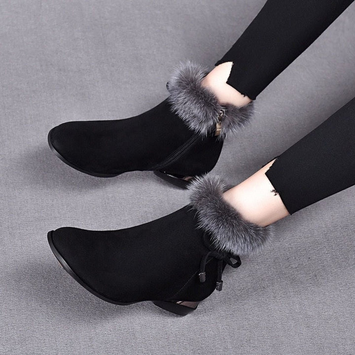 Dames Suède Ankle Boots Bontrand Blokhak Winterlaarzen - Zwart