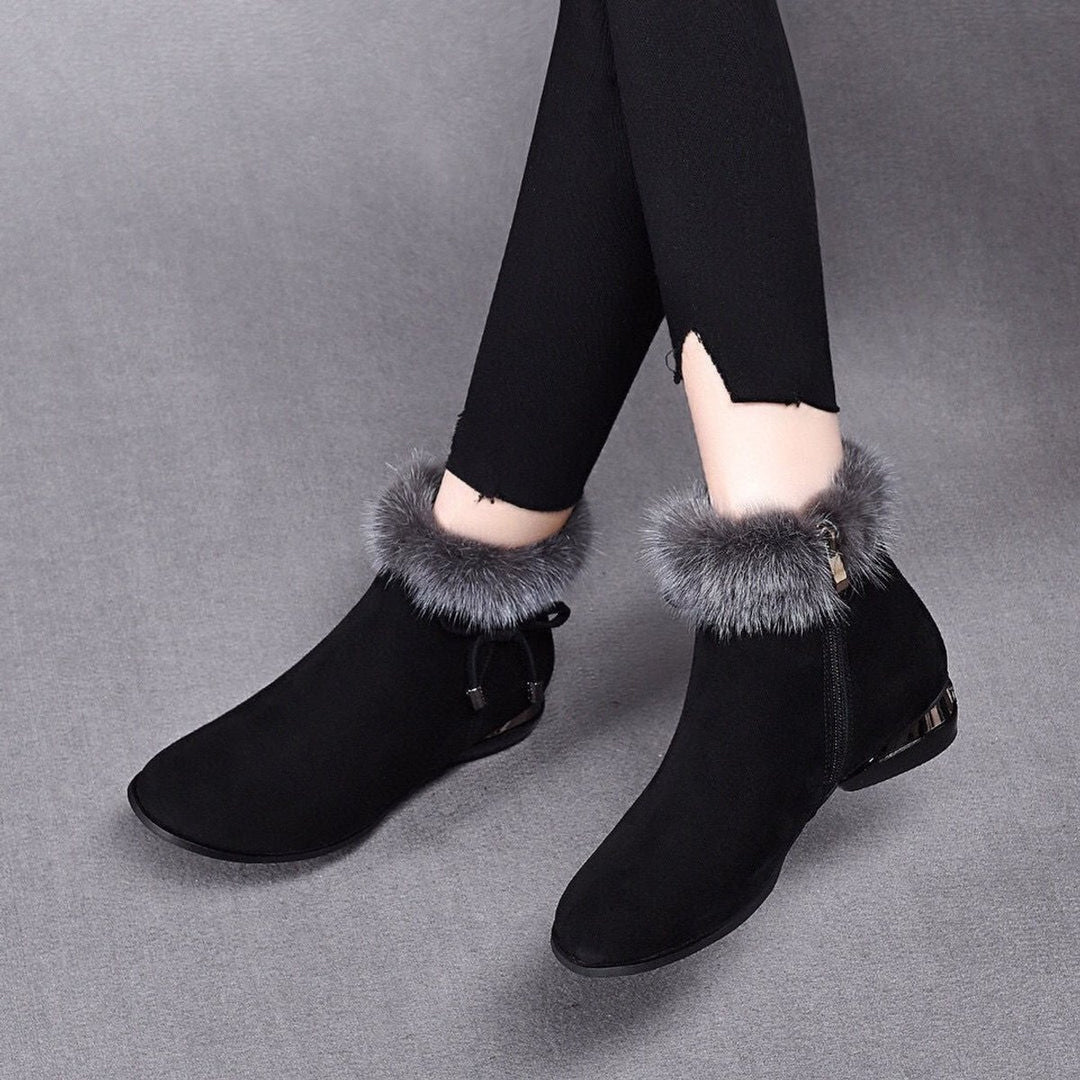 Dames Suède Ankle Boots Bontrand Blokhak Winterlaarzen