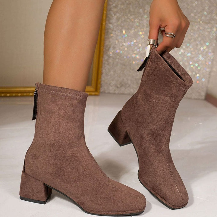 Dames Suède Ankle Boots met Blokhak en Rits