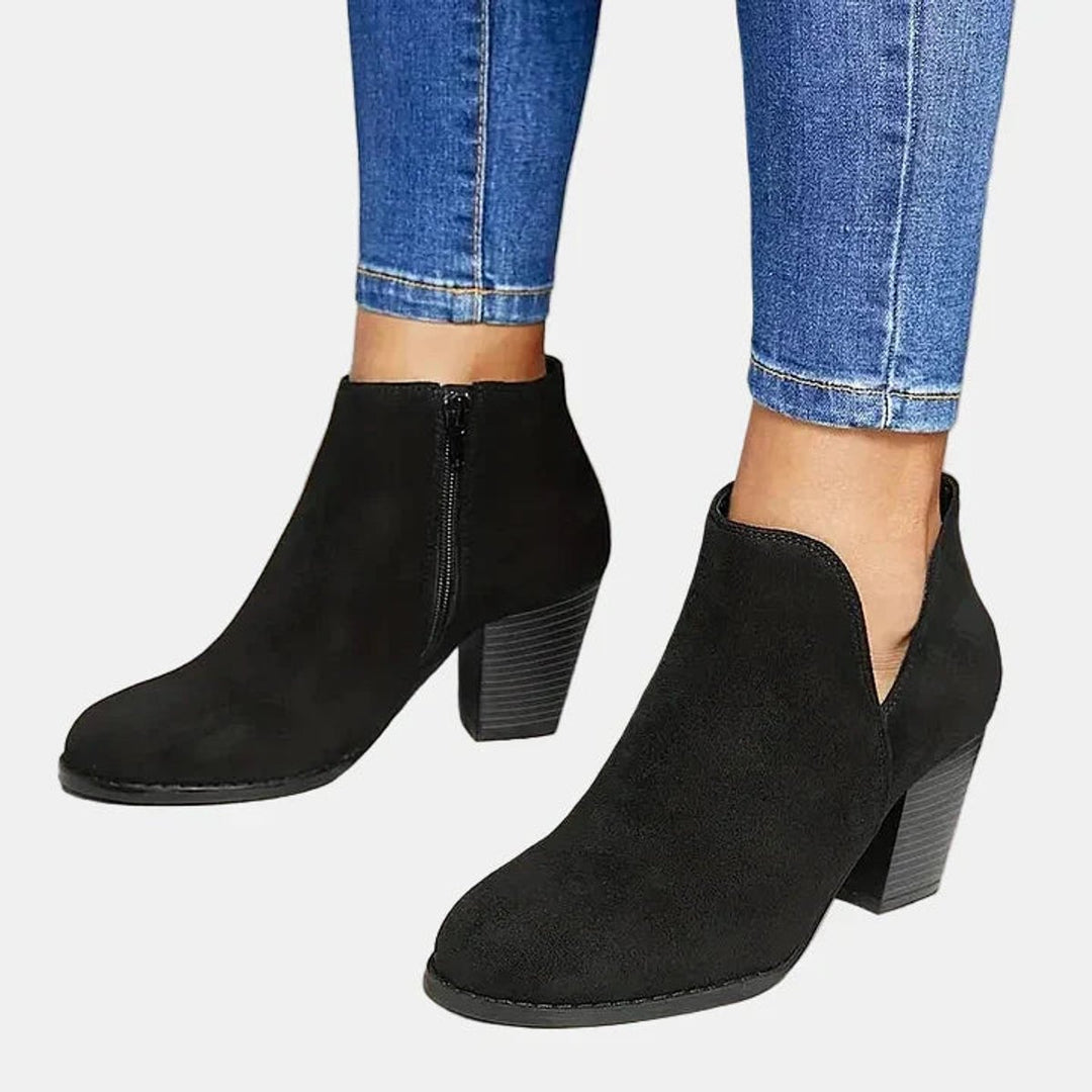 Dames Suède Blokhak Ankle Boots met Rits en Gevoerde Binnenzool - Zwart