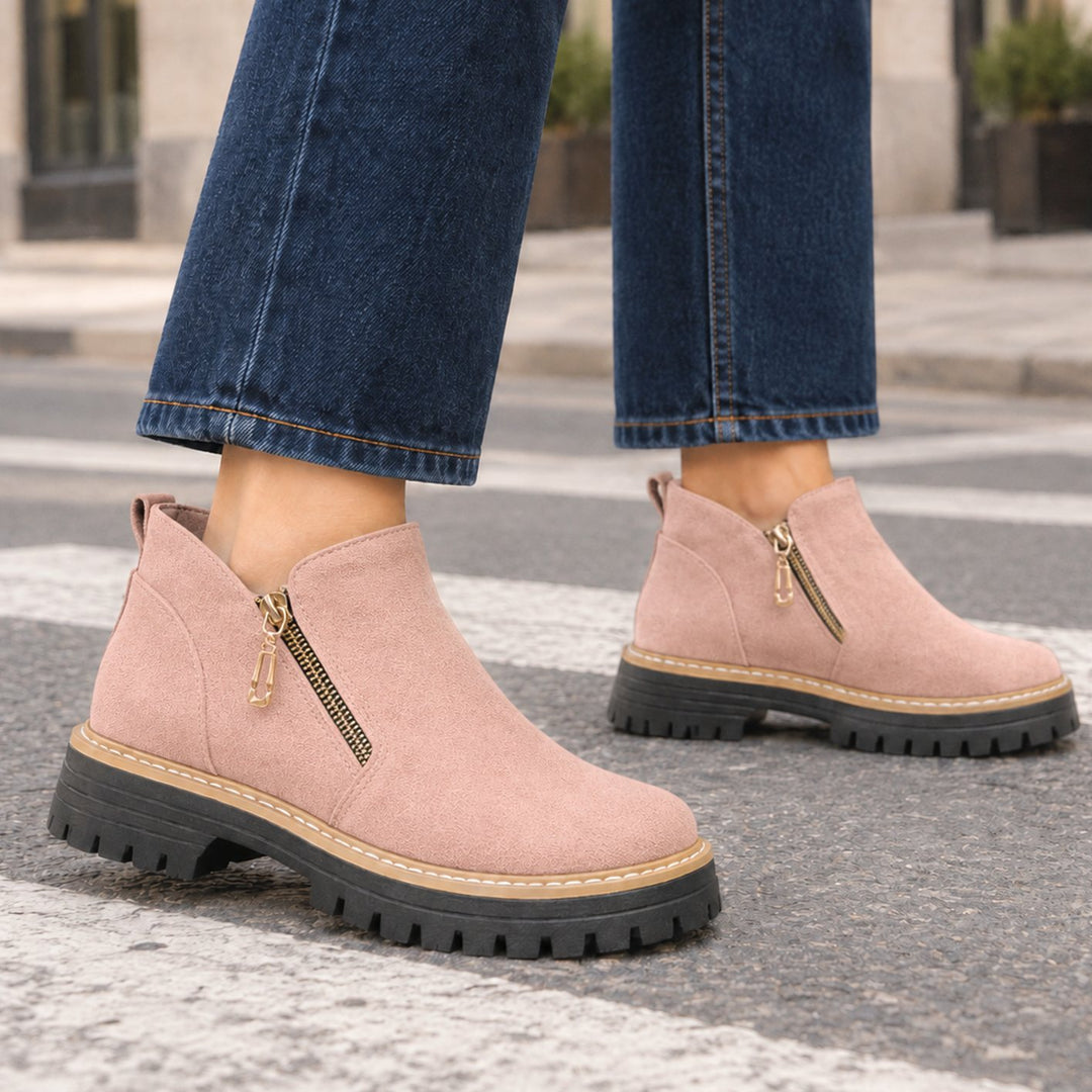 Dames Suède Enkellaarsjes met Goudkleurige Zijrits Blokhak - Roze