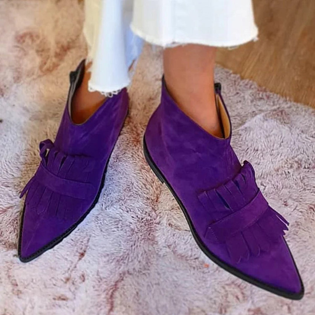 Dames Suède Fransen Ankle Boots met Spitse Neus - Paars