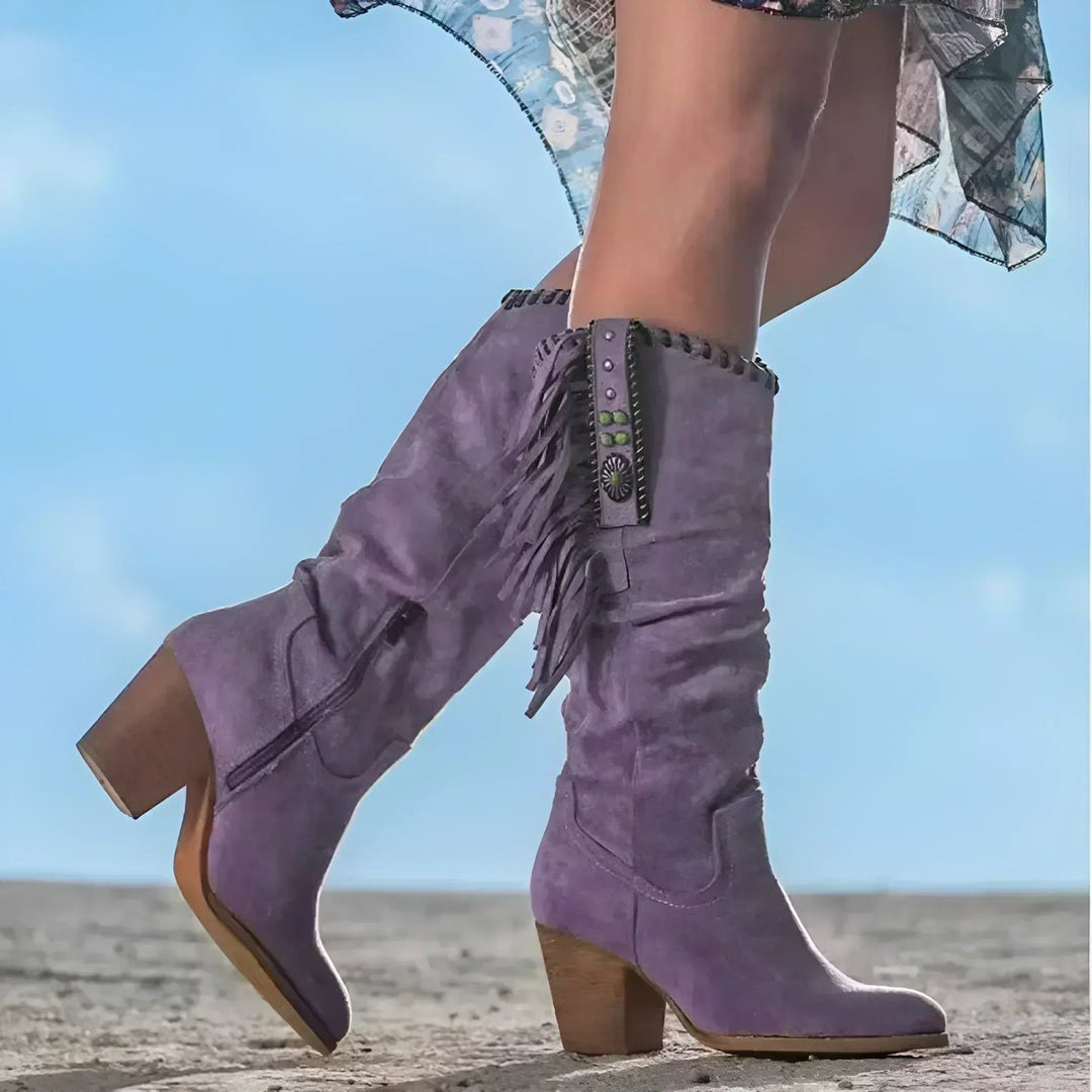 Dames Suède Knee High Boots Franjes Turquoise Western Details - Lila