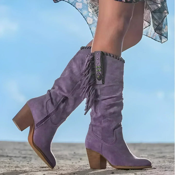 Dames Suède Knee High Boots Franjes Turquoise Western Details - Lila