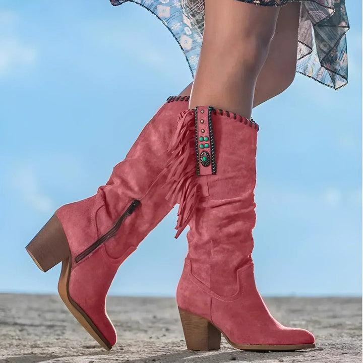Dames Suède Knee High Boots Franjes Turquoise Western Details - Rood