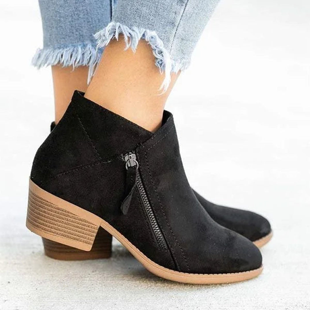 Dames Suède Lage Hak Rits Ankle Boots - Zwart