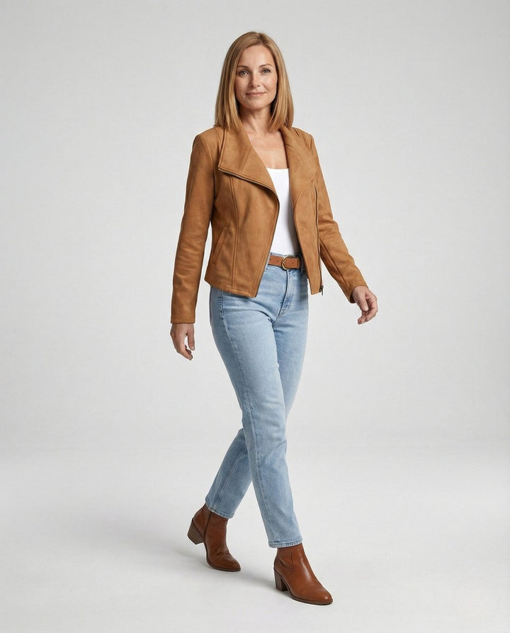 Dames Suède-Look Asymmetrische Rits Biker Leather Jacket