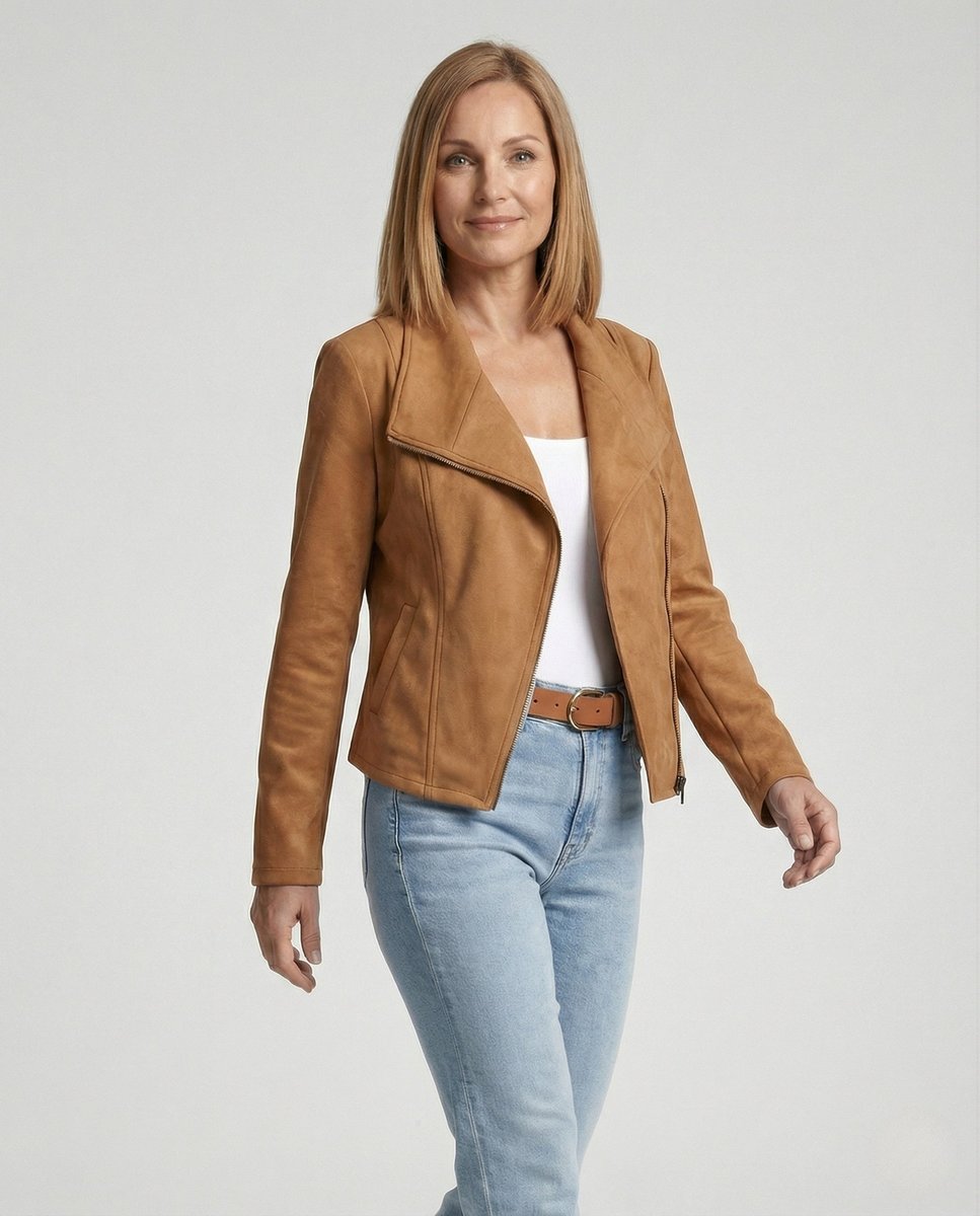 Dames Suède-Look Asymmetrische Rits Biker Leather Jacket