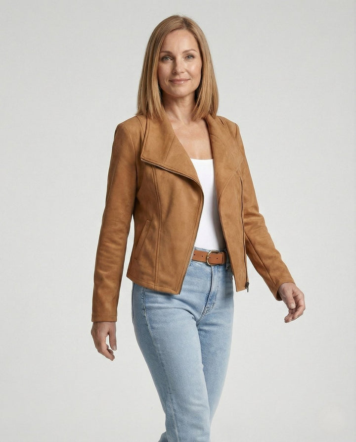 Dames Suède-Look Asymmetrische Rits Biker Leather Jacket