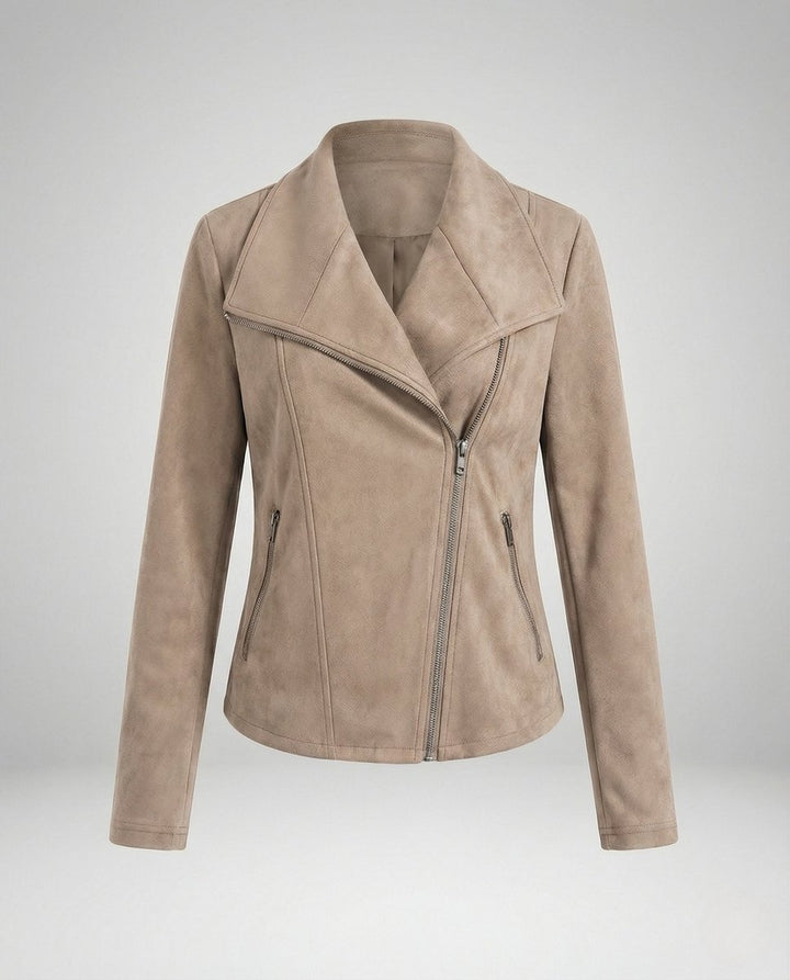 Dames Suède-Look Asymmetrische Rits Biker Leather Jacket - Abrikoos