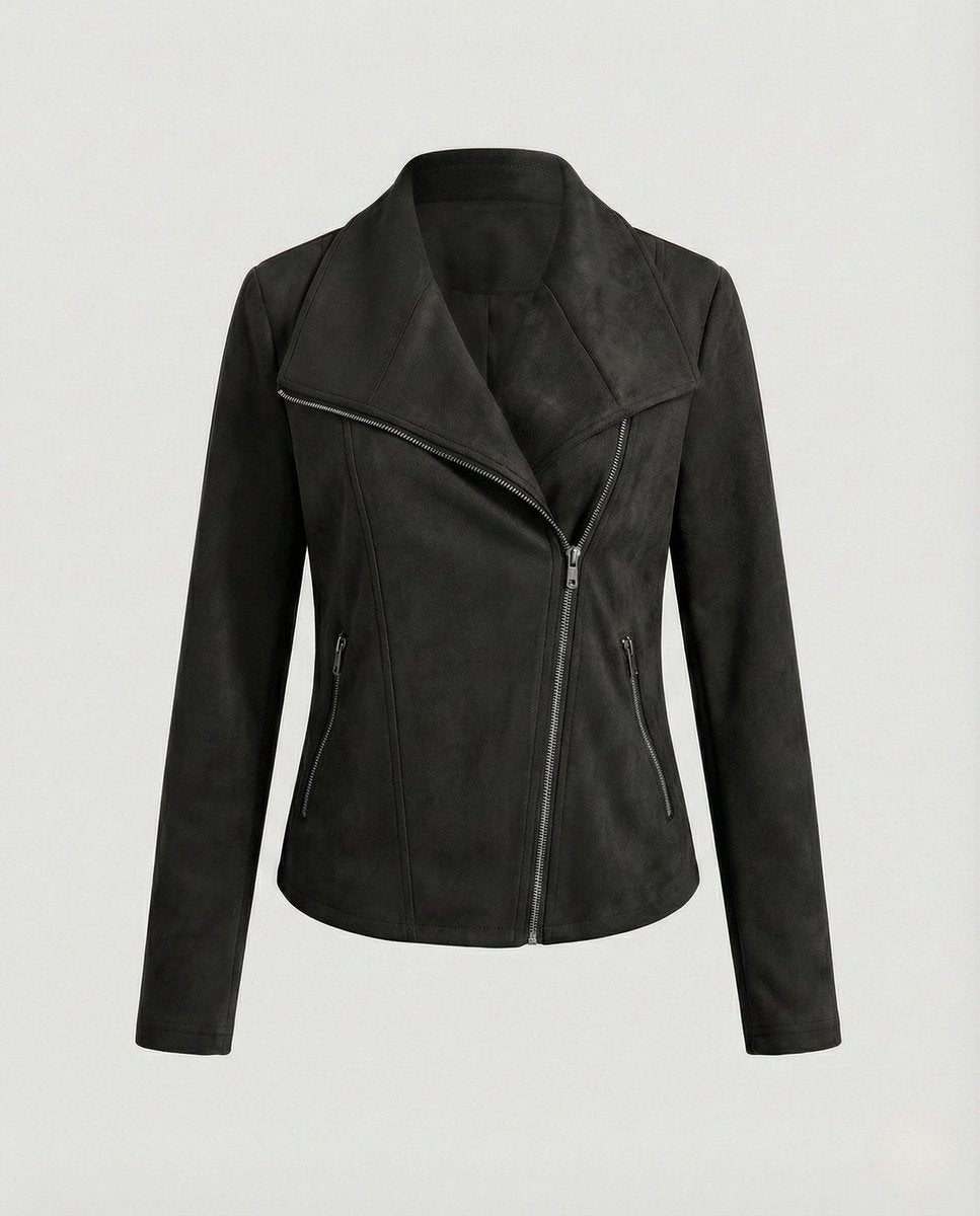 Dames Suède-Look Asymmetrische Rits Biker Leather Jacket - Zwart