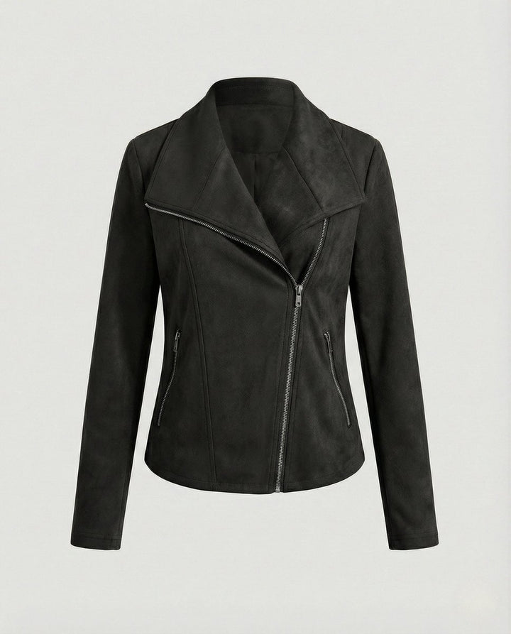 Dames Suède-Look Asymmetrische Rits Biker Leather Jacket - Zwart