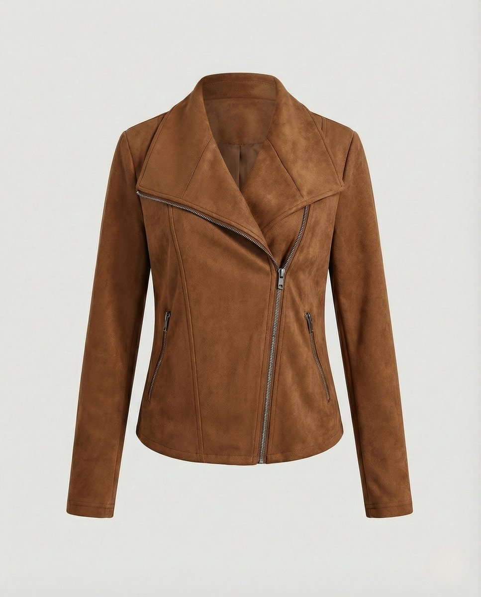 Dames Suède-Look Asymmetrische Rits Biker Leather Jacket - Camel