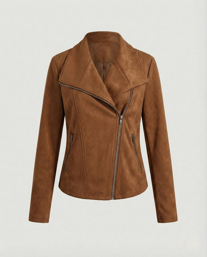 Dames Suède-Look Asymmetrische Rits Biker Leather Jacket - Camel