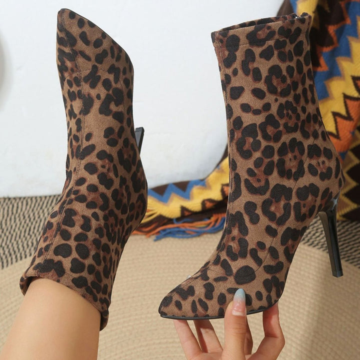 Dames Suède Luipaardprint Stiletto Ankle Boots met Rits