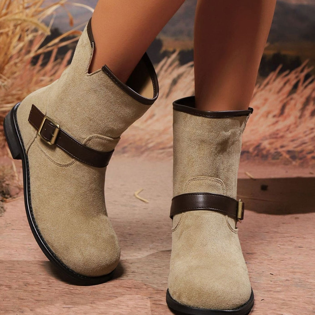 Dames Suède Slip-On Enkellaarsjes met Gesp en V-Uitsnijding