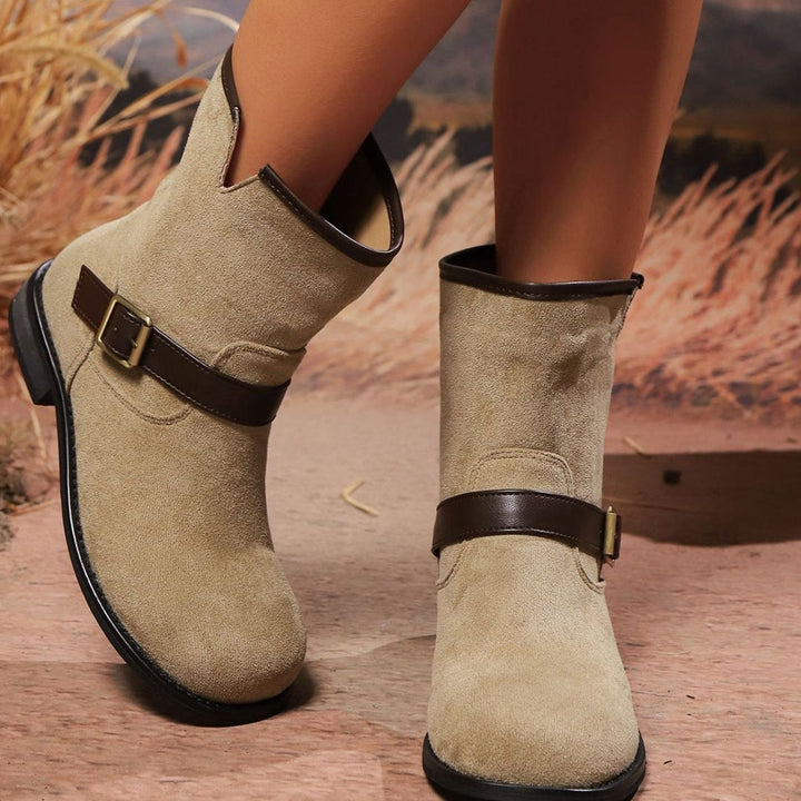 Dames Suède Slip-On Enkellaarsjes met Gesp en V-Uitsnijding