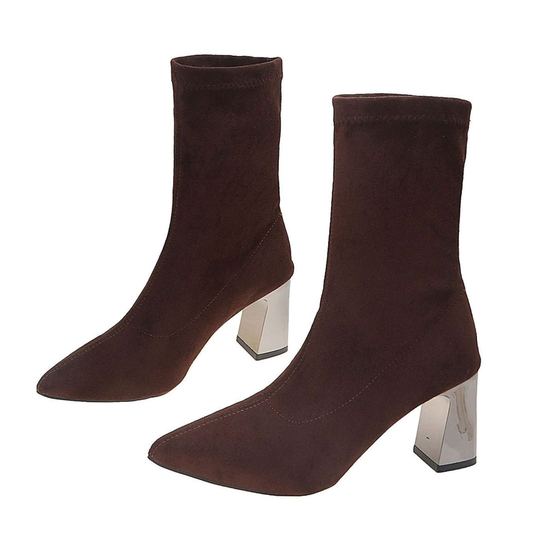 Dames Suède Stretch Ankle Boots met Blokhak en Gewatteerde Binnenzool