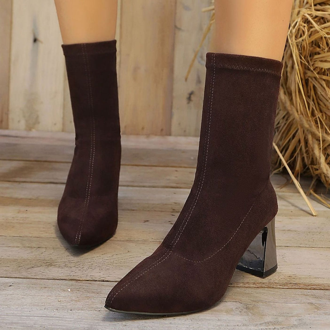 Dames Suède Stretch Ankle Boots met Blokhak en Gewatteerde Binnenzool - Donkerbruin