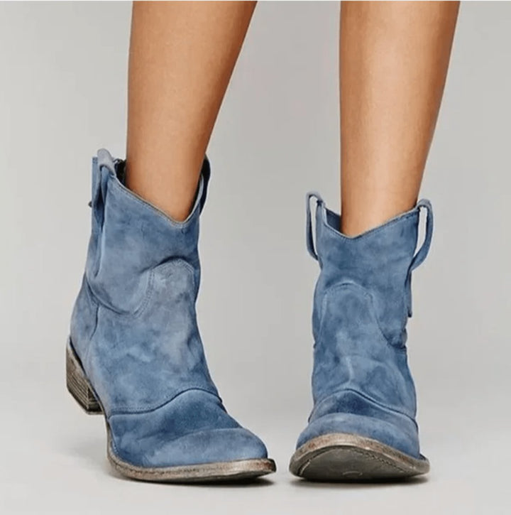 Dames Suède Western Knee High Boots Platte Hak - Blauw