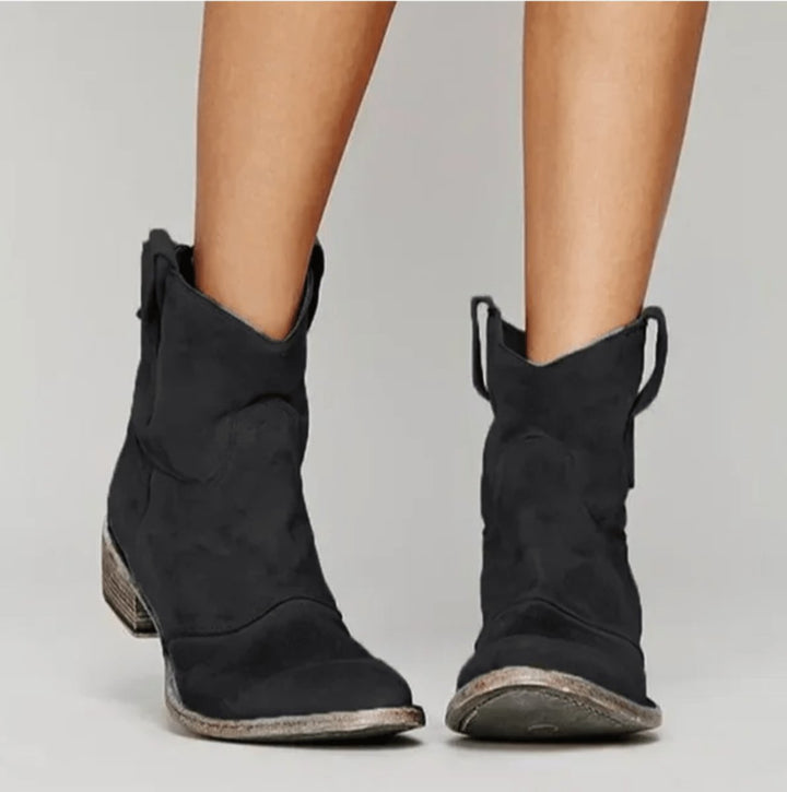 Dames Suède Western Knee High Boots Platte Hak - Zwart