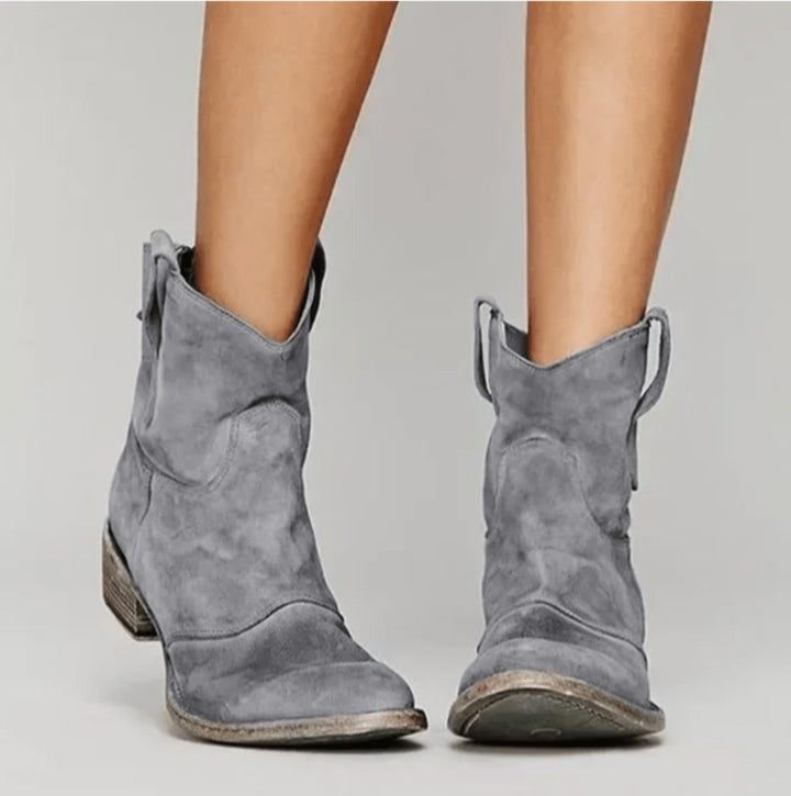 Dames Suède Western Knee High Boots Platte Hak - Grijs