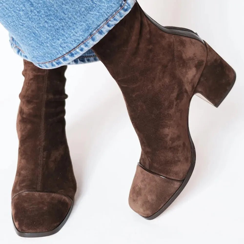 Dames Suede Blok-Hak Vierkante-Teen Enkellaarzen - Brown