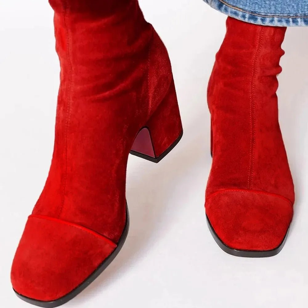 Dames Suede Blok-Hak Vierkante-Teen Enkellaarzen - Red