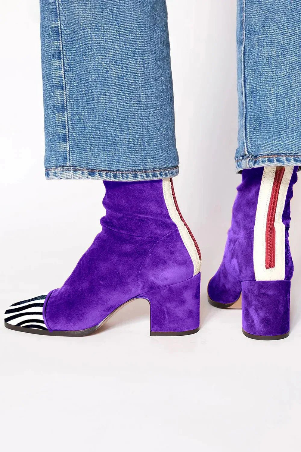 Dames Suede Blok-Hak Vierkante-Teen Enkellaarzen - Purple