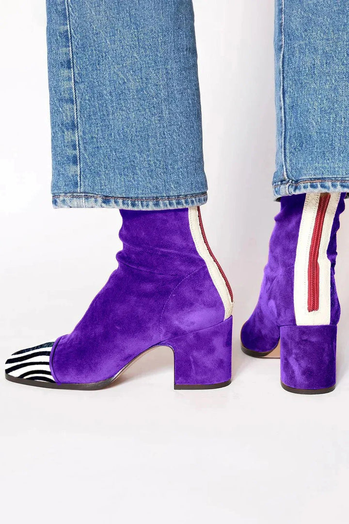 Dames Suede Blok-Hak Vierkante-Teen Enkellaarzen - Purple