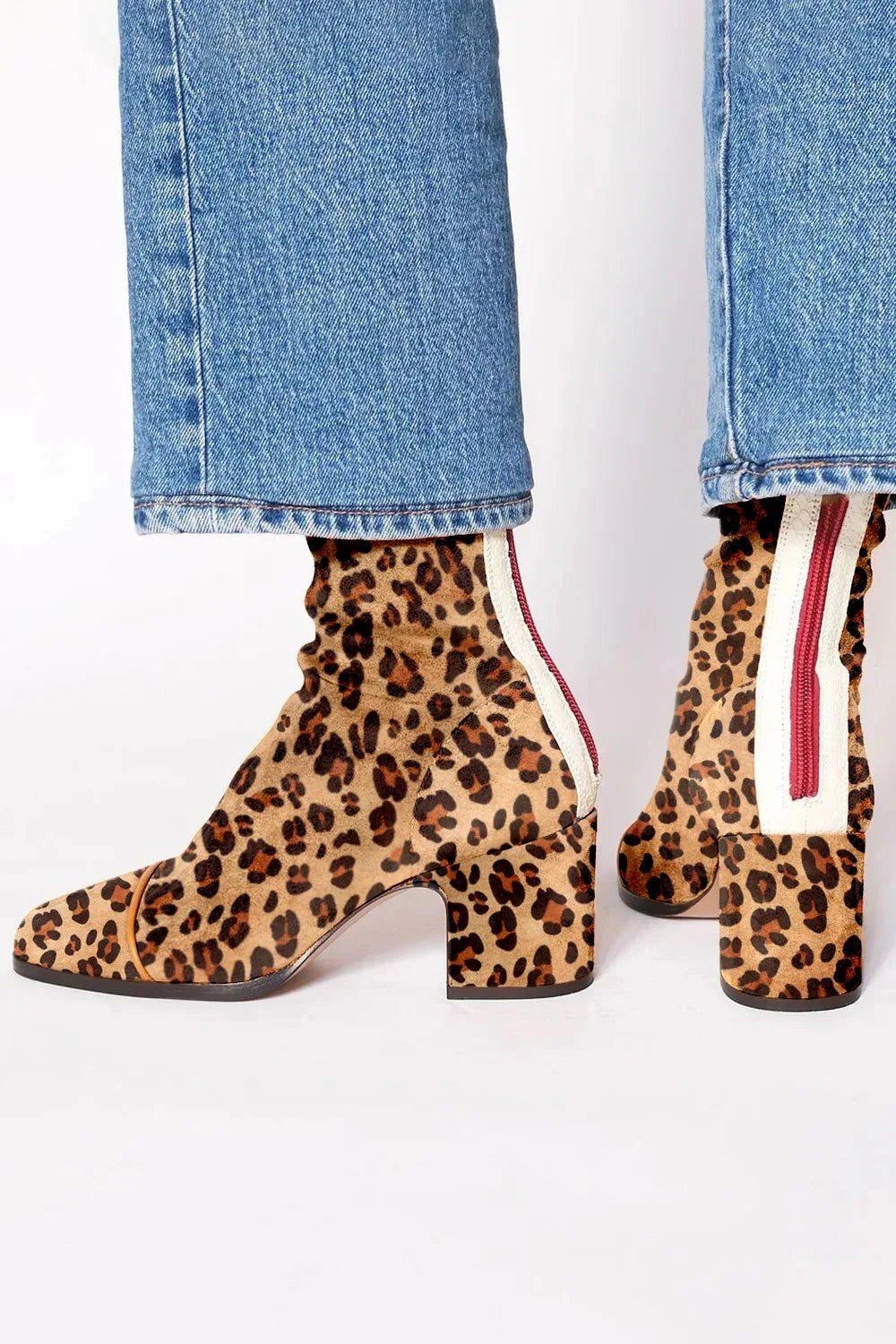 Dames Suede Blok-Hak Vierkante-Teen Enkellaarzen - Leopard-print