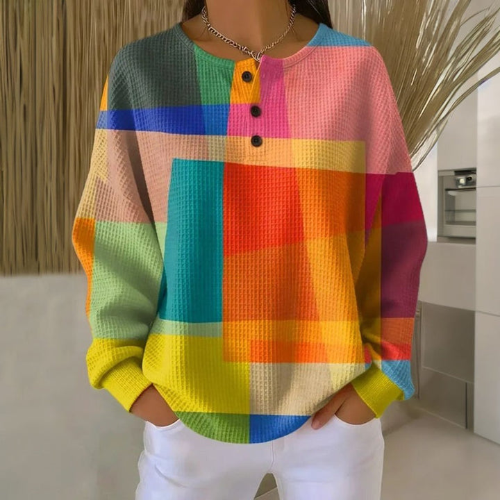 Dames Sweater Kleurblok Wafelstof Knoop Pullover