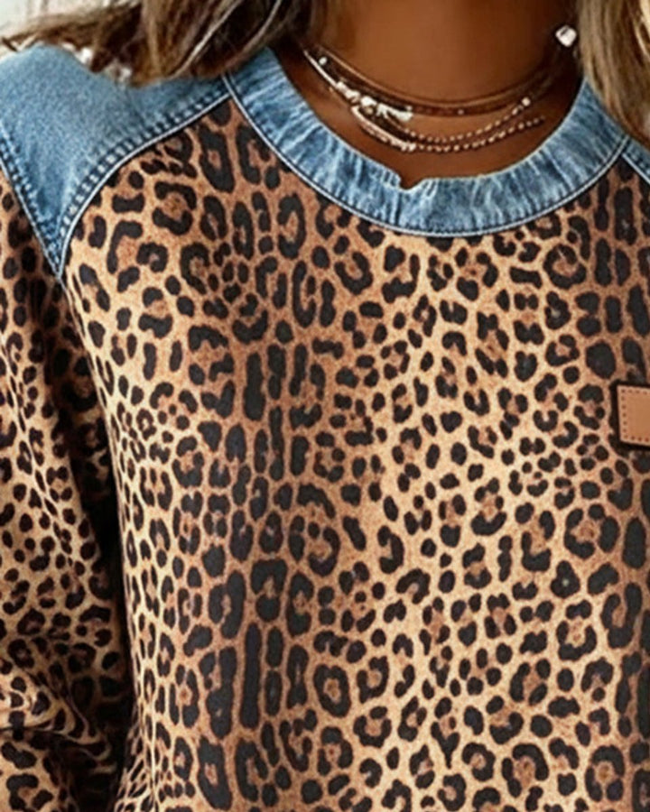 Dames Sweater Luipaardprint Denim Patchwork Sweatshirt Ronde Hals