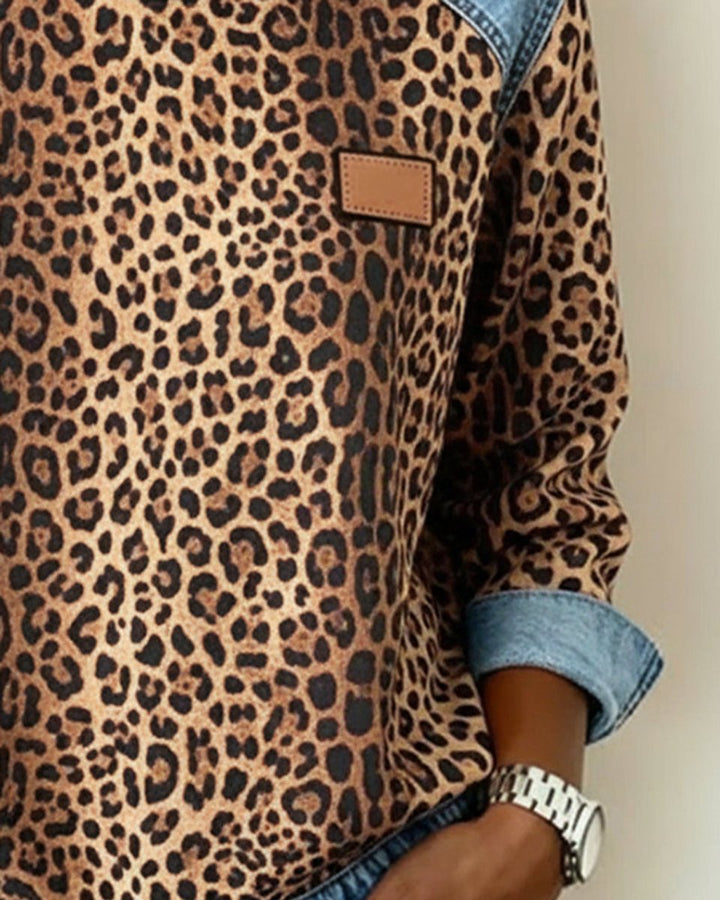 Dames Sweater Luipaardprint Denim Patchwork Sweatshirt Ronde Hals