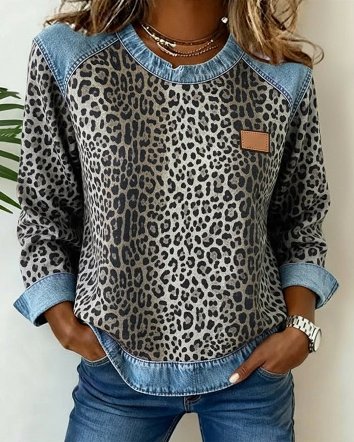 Dames Sweater Luipaardprint Denim Patchwork Sweatshirt Ronde Hals - Grijs