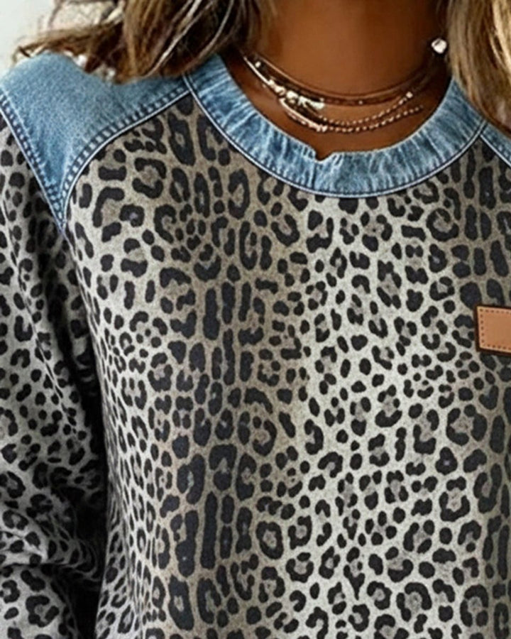 Dames Sweater Luipaardprint Denim Patchwork Sweatshirt Ronde Hals