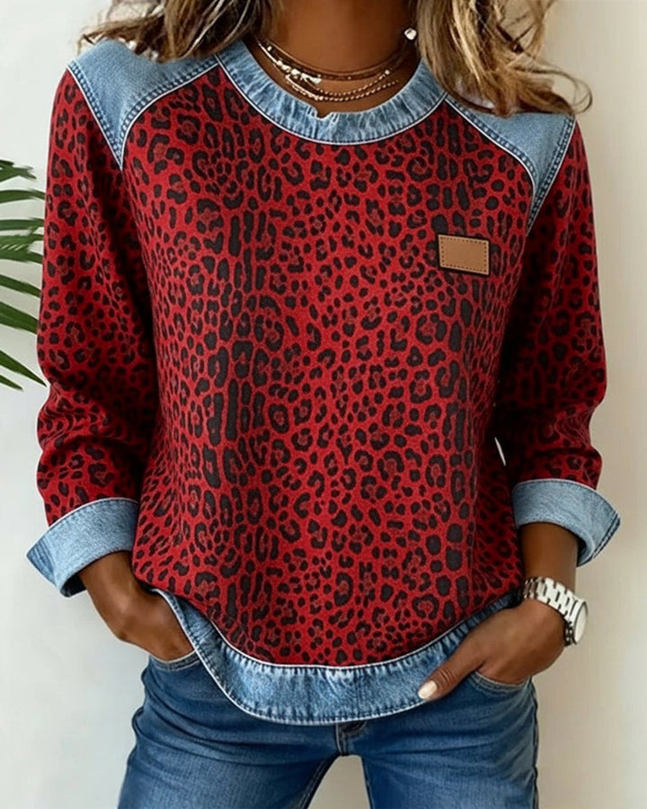 Dames Sweater Luipaardprint Denim Patchwork Sweatshirt Ronde Hals - Rood