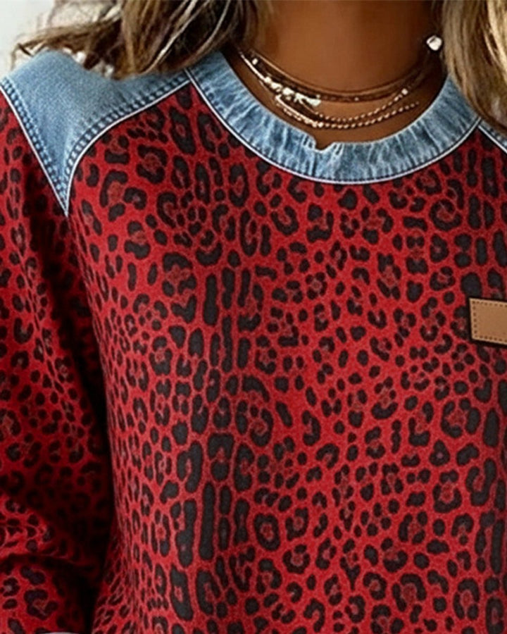 Dames Sweater Luipaardprint Denim Patchwork Sweatshirt Ronde Hals