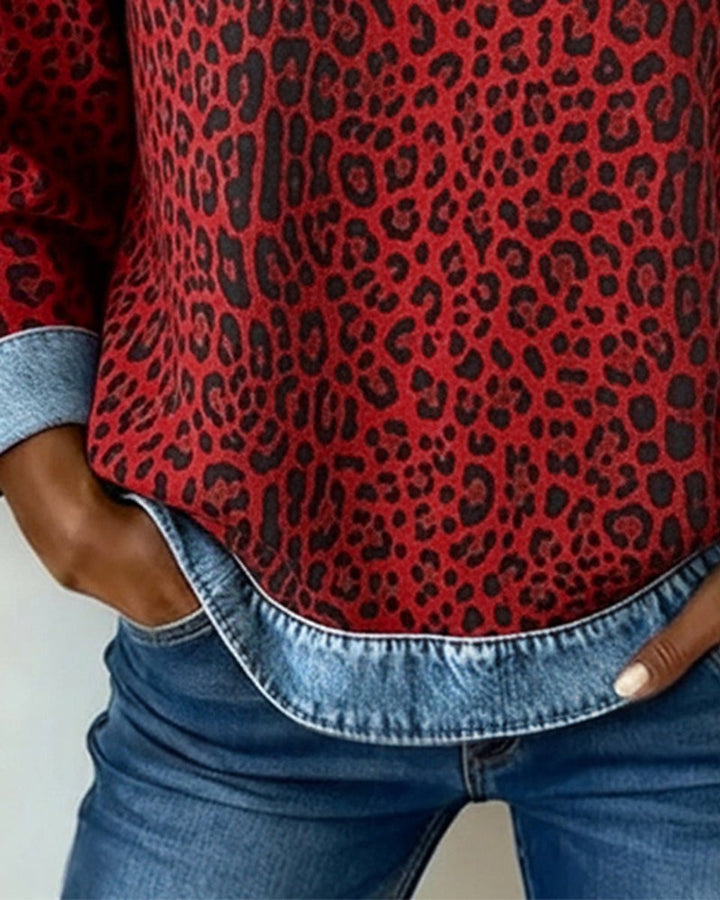 Dames Sweater Luipaardprint Denim Patchwork Sweatshirt Ronde Hals