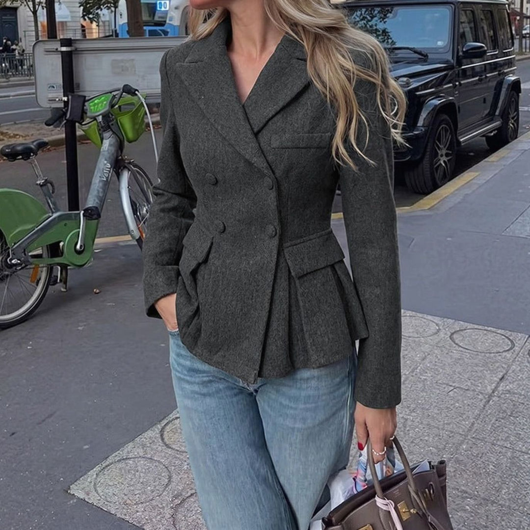 Dames Taillerende Dubbelrij Peplum Blazer met Zakken