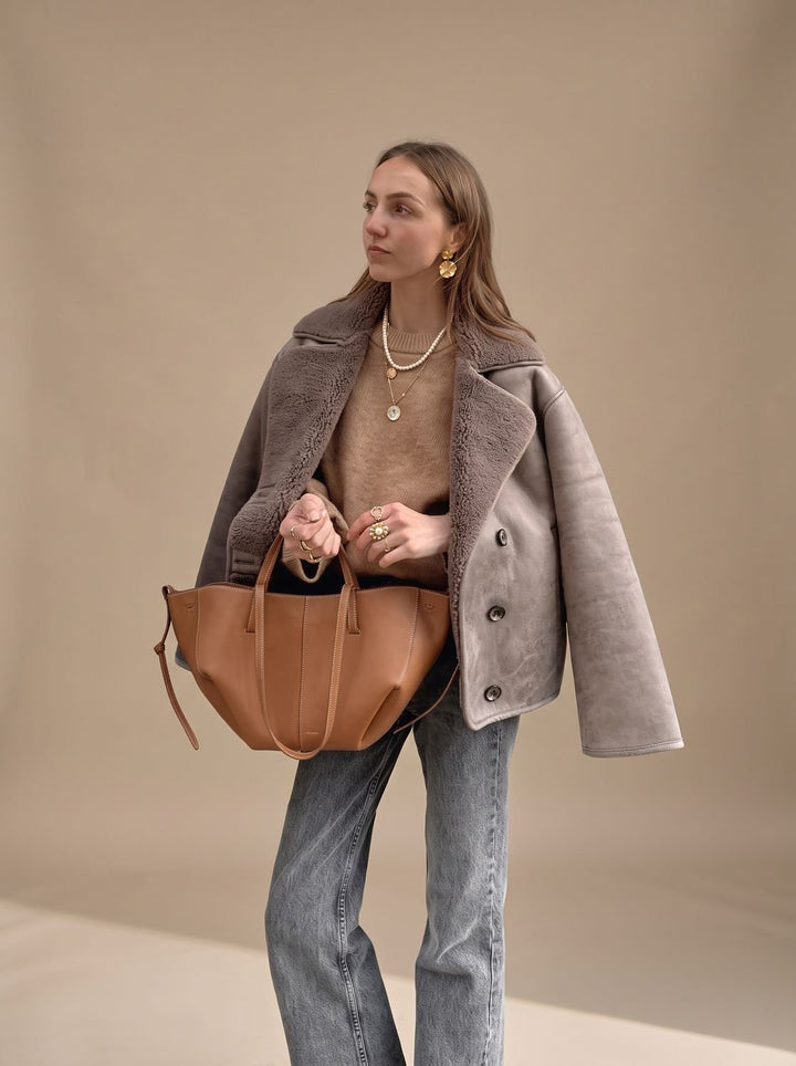 Dames Taupe Teddy Jas met Kraag en Knoopsluiting - Mauve