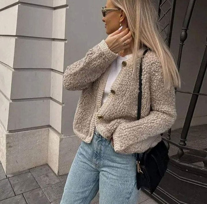 Dames Teddy Cardigan Losvallende Knoopsluiting Tussenjas - Beige