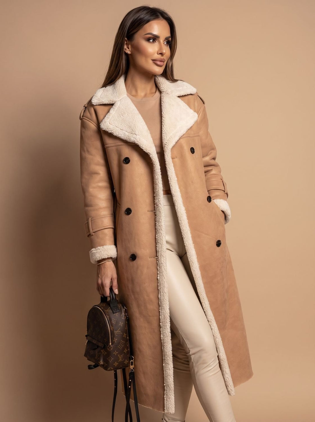 Dames Teddy Jas Dubbele Rij Knopen Trenchcoat met Schapenvacht Voering