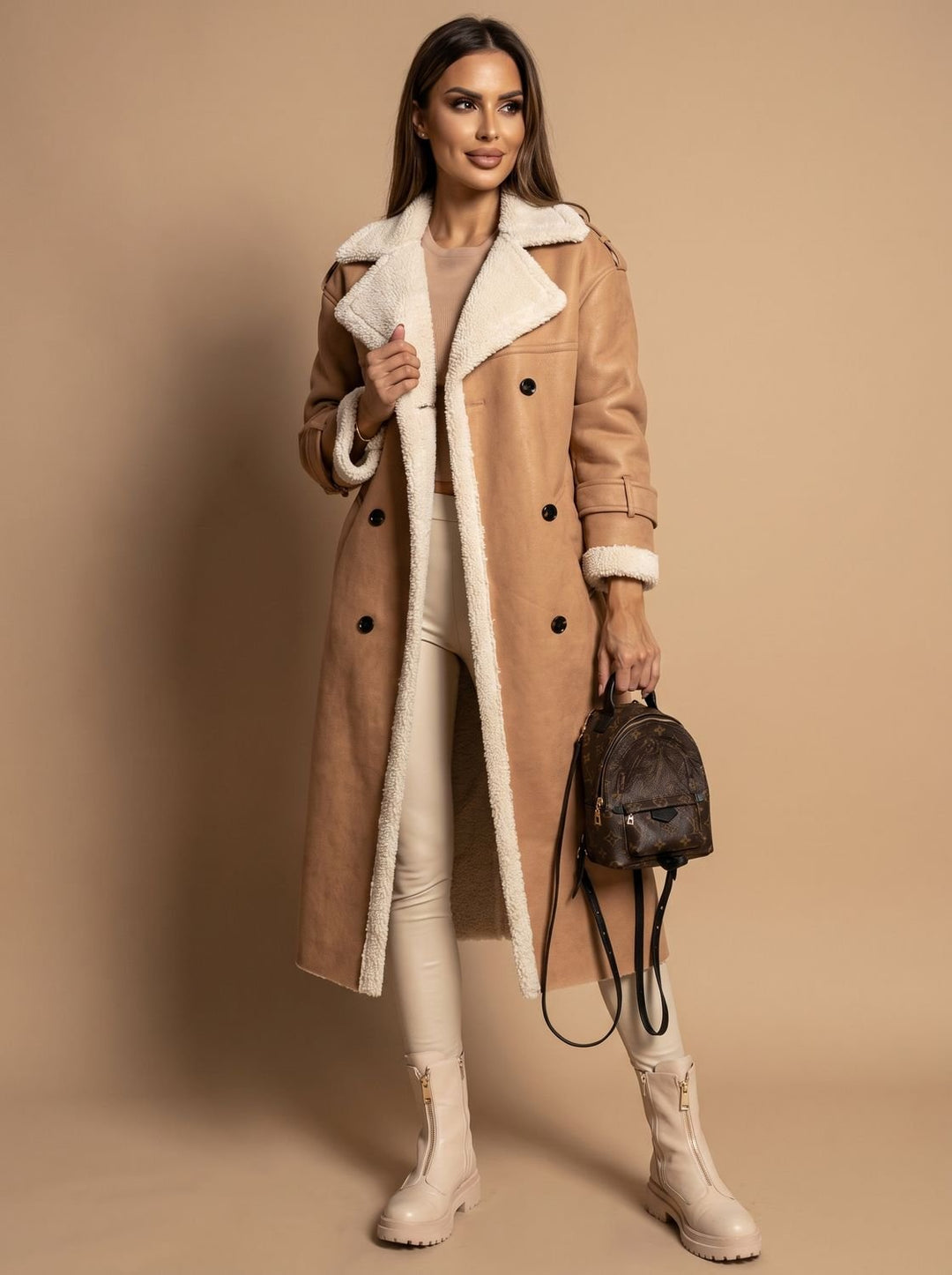 Dames Teddy Jas Dubbele Rij Knopen Trenchcoat met Schapenvacht Voering