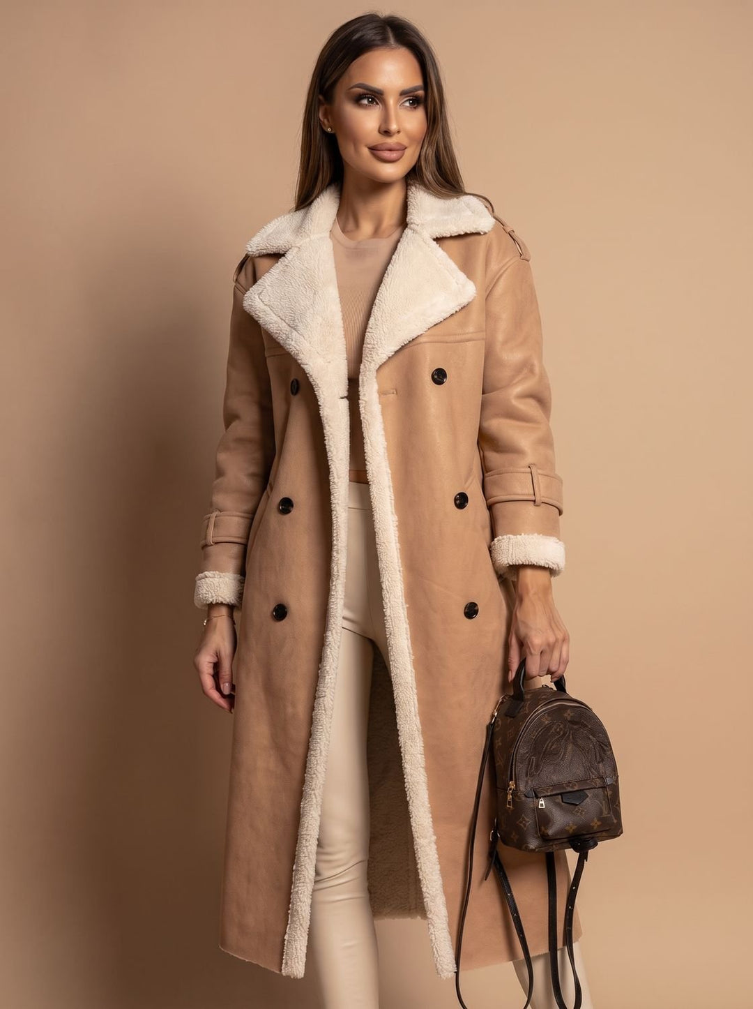 Dames Teddy Jas Dubbele Rij Knopen Trenchcoat met Schapenvacht Voering