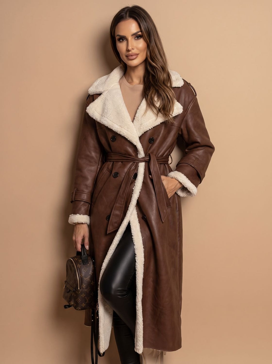 Dames Teddy Jas Dubbele Rij Knopen Trenchcoat met Schapenvacht Voering